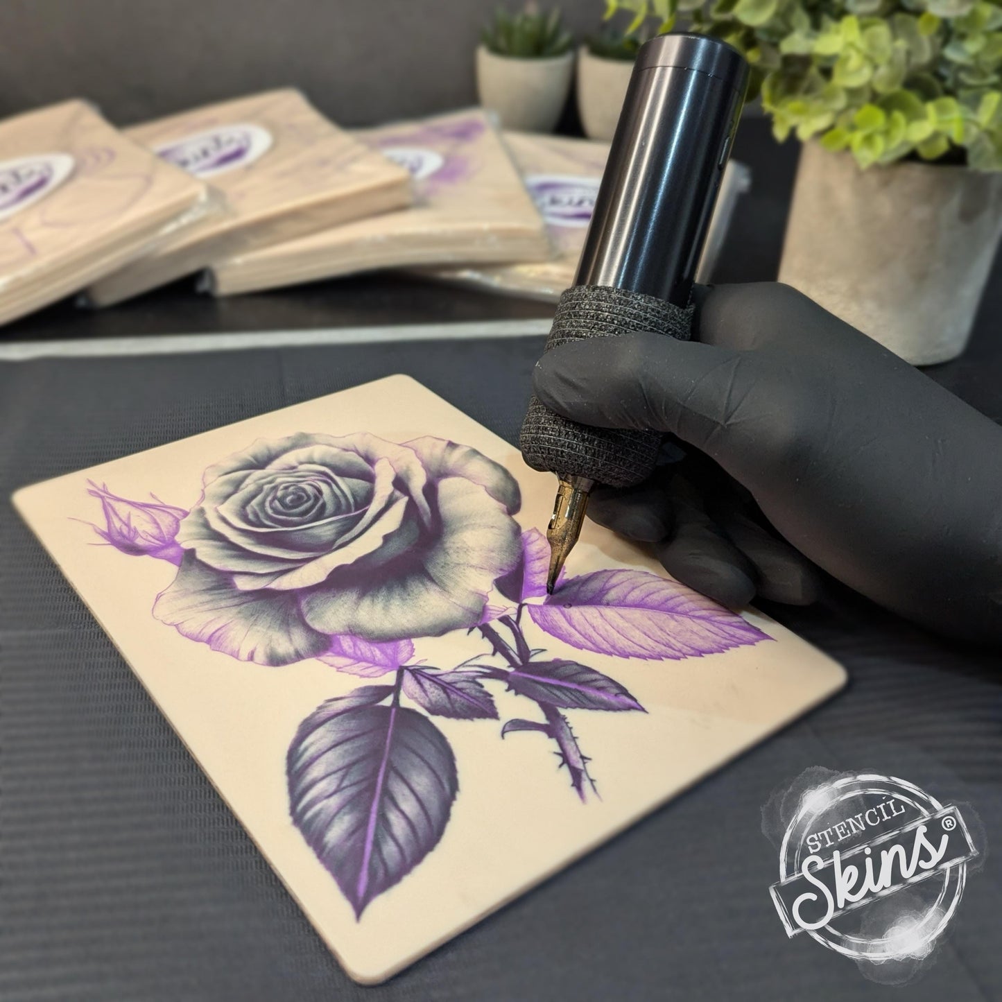 Stencil Skins® Pre-printed Tattoo Practice Skins with Stencils (Pack of 5- Realistic Rose Set)
